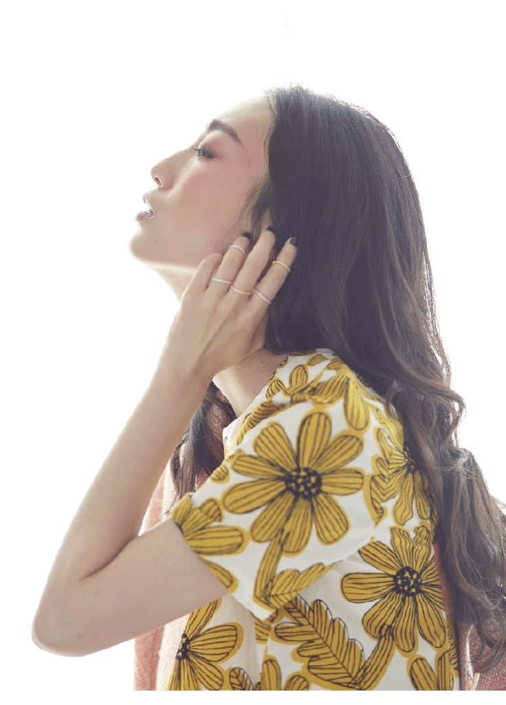 coral pink jacket/ Mosca, mustard yellow floral print dress / Mosca, Rings all from The9thmuse
